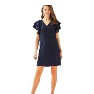 Lilly Pulitzer Navy Textured V-Neck Ruffle Sleeve Mini Dress
